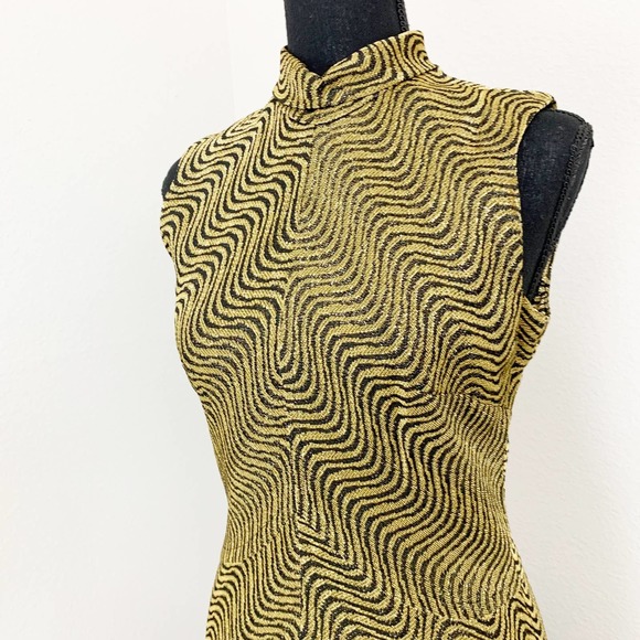 70s Metallic Maxi Dress Gold and Black with Psychedelic Waves size XS S - Picture 2 of 7